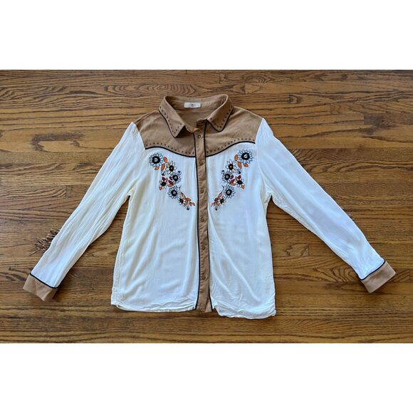 John Moon Cream Embroidered Fringe Snap Button Western Shirt  Women's Size Large - Picture 3 of 9